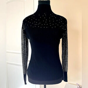 Women Top Turtleneck Black Shirt Polka Dots Sheer long sleeves size M